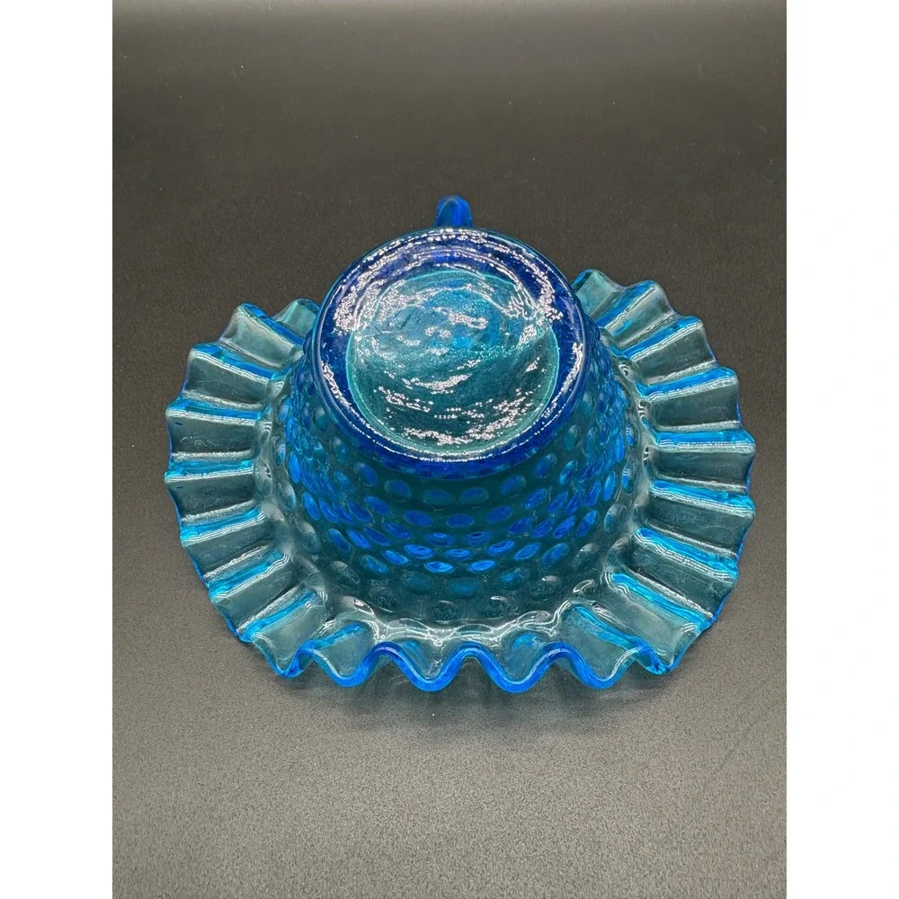 Blue‎ Hobnail Glass Ruffled Creamer Pitcher Dish Vintage